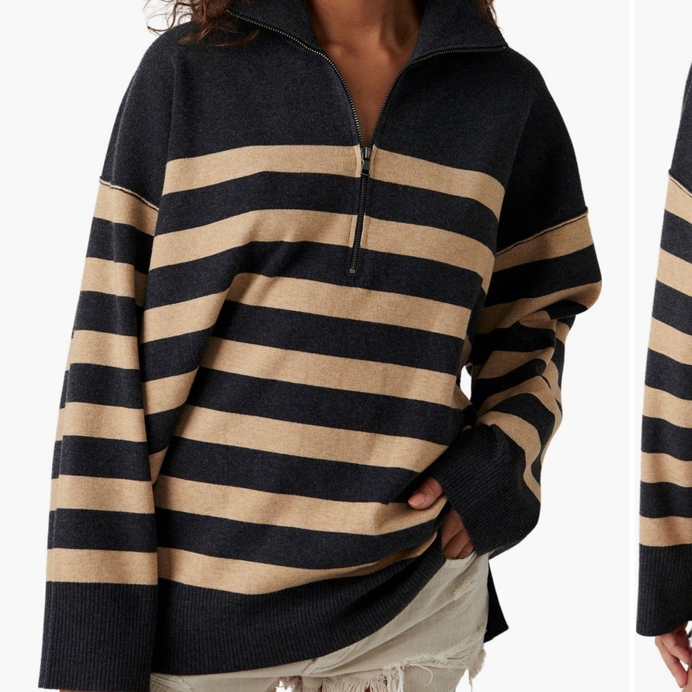 Free People Black and Tan Striped Cowl Sweater